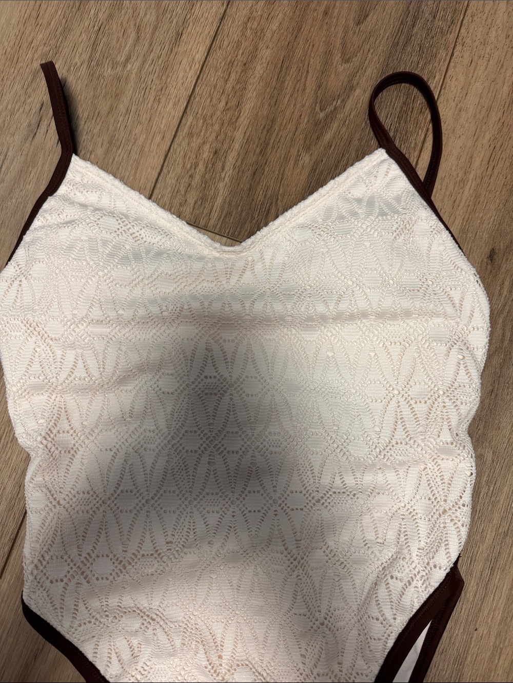 Wild fable NWTS ( M ) CREAM lacey Textured BROWN TRIM SEXY One-Piece Swimsuit - Picture 5 of 9